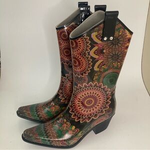 Womens Psychedelic Floral Waterproof Pull-On Rain Boots Size 7 Retro Design